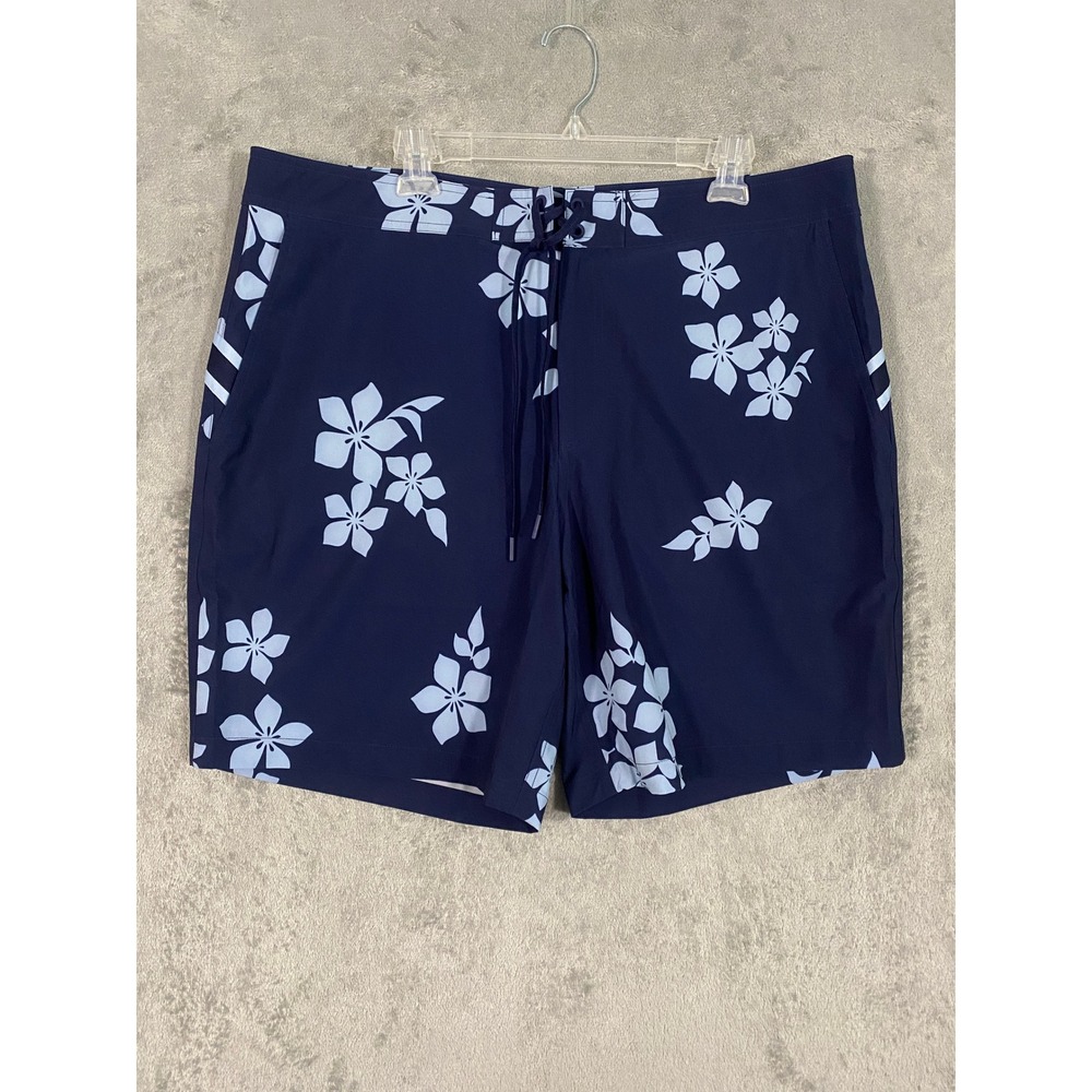 Lands' End Board Shorts Mens 40 Navy Blue‎ Floral Tropical Swim Trunks Stretch